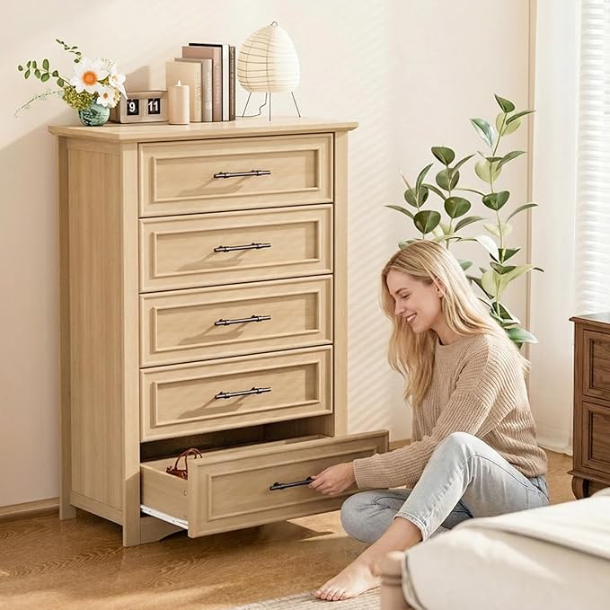 Farmhouse 5 Drawers Dresser, 45.5" H Modern Country Storage Dressers with Brushed Metal Handles, Wood Storage Organizers for Bedroom, Living Room, Hallway, Light Oak