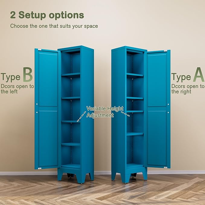 COFaR Tall Bathroom Cabinet, Metal Farmhouse Narrow Slim Storage Cabinet with Adjustable Shelves Barn Door for Bathrooms, Kitchens, Entrances Living Room (Blue)