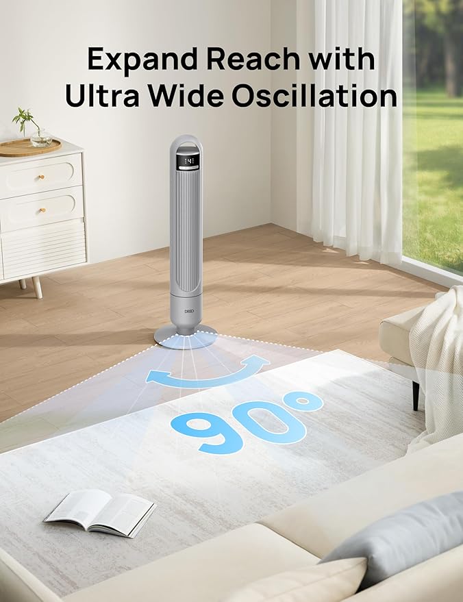 Dreo Tower Fan for Bedroom, 4 Speeds, 3 Modes Standing Fans for Room with 90° wide Oscillating, 28dB Quiet for Sleep, 25ft/s Velocity, 29ft Coverage, 8H Timer, Remote, Living Room, Office, Home, Grey