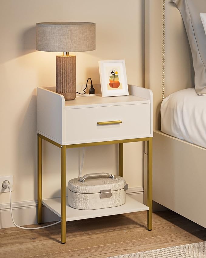 Masupu Nightstand with Charging Station,3-Tier Modern Bedside Night Stand with Storage Drawer and Shelf,Small End Side Table for Bedroom,Living Room,White