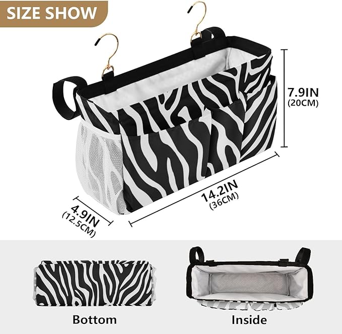 Bedside Caddy Hanging Bunk Bed Caddy Bed Organizer Hanging Pocket with 2 Hooks Bedside Storage Organizer Pocket Bag Holder White Black Zebra Print