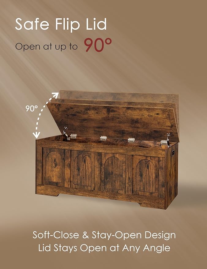 DINZI LVJ Storage Chest, 50” Extra Large Storage Bench with 2 Safety Hinges, Wooden Toy Box with Flip-Top, Large Trunk for Living Room, Playroom, Easy Assembly, Rustic Brown