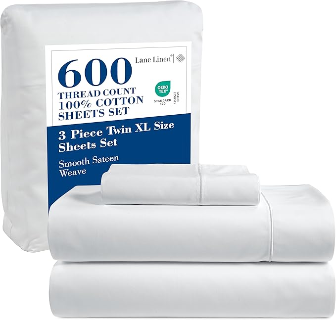 LANE LINEN 600 Thread Count 100% Cotton White Twin XL Sheets Set, Soft & Comfy Bedding Set Perfect for Hospital Beds, Mercerized Cotton, Fully Elasticized Silky Soft Cotton White Sheets Twin XL