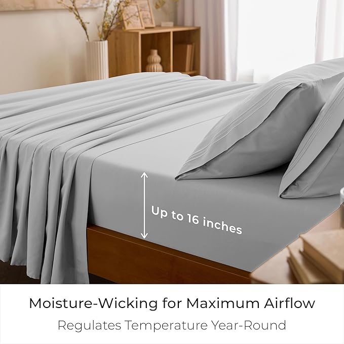 Mellanni Twin Sheet Set - 4-Piece Iconic Collection Bedding, (Including 2 Pillowcases), 16-Inch Deep Pocket, Easy Care, Extra Soft, Cooling Sheets, Brushed Microfiber - Light Gray