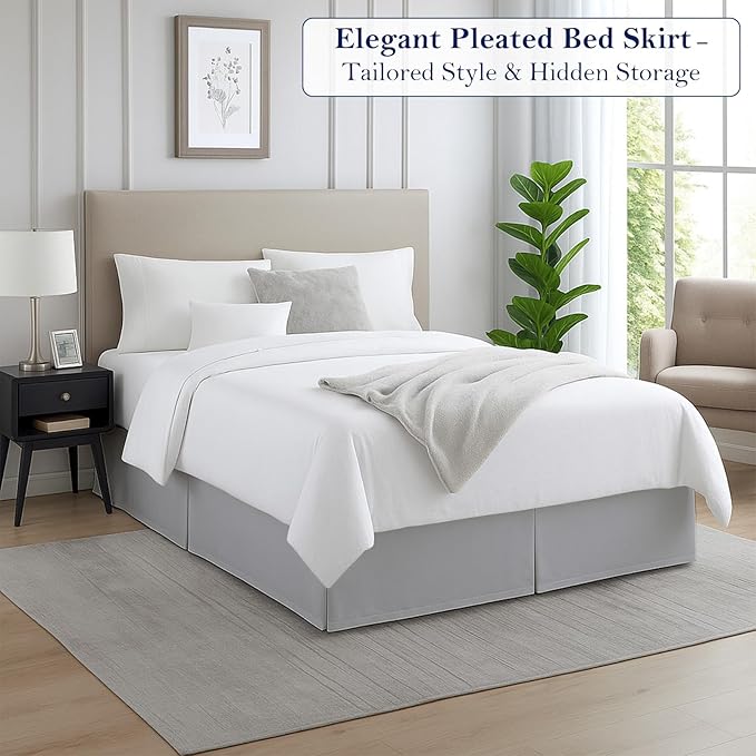 King Bed Skirt, Luxury 21 Inch Drop Light Grey Pleated Bed Skirt, Double Brushed Microfiber, Box Pleat Design, Wrinkle & Fade Resistant, Easy Fit Tailored Bedskirt for King Size Beds
