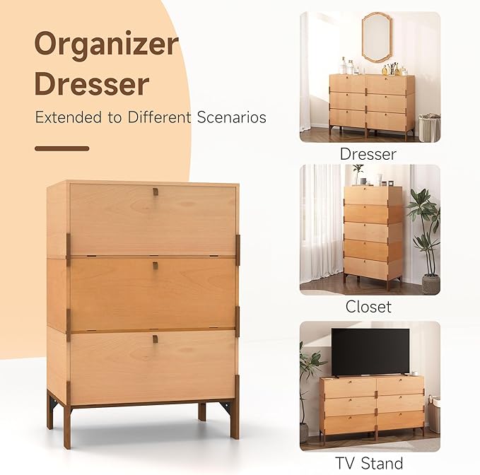 Stackable 3 Drawers Dresser, Customizable Chest of Drawers for Bedroom, Living Room, Dormitory, Easy Assembly Wood Furniture Cabinet, 24 inch Width Beech and Basswood Color Combo