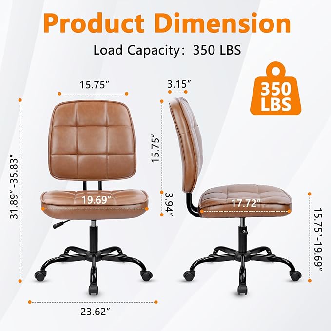 CLATINA Armless Home Office Chair with Lumbar Support and Wheels, Small PU Leather Ergonomic Low Back Desk Chairs No Arms, Adjustable Height 360° Swivel Rolling Computer Task Chair, Brown