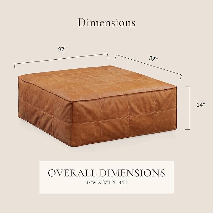 POLY & BARK Taos Ottoman – 37" Square Pouf with Feather-Down Topper – Full-Grain Leather Upholstered Pouf Ottoman for Living Room – Vintage Italian Leather in Cognac Tan