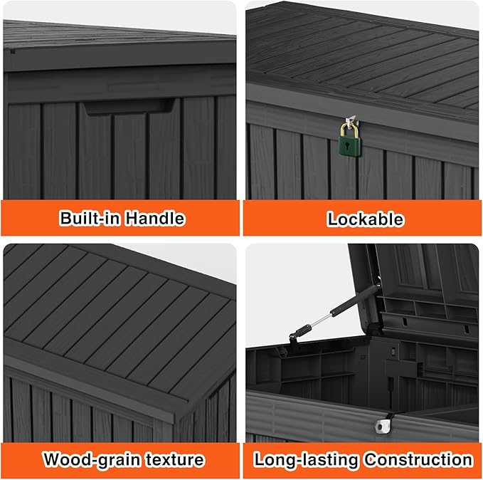 Outdoor Storage Box Waterproof Large, 180 Gallon Lockable Resin Deck Box, Patio Storage Bin for Pool Accessories Cushion Furniture, Garden Tools, UV-Resistant Outside Delivery, Black