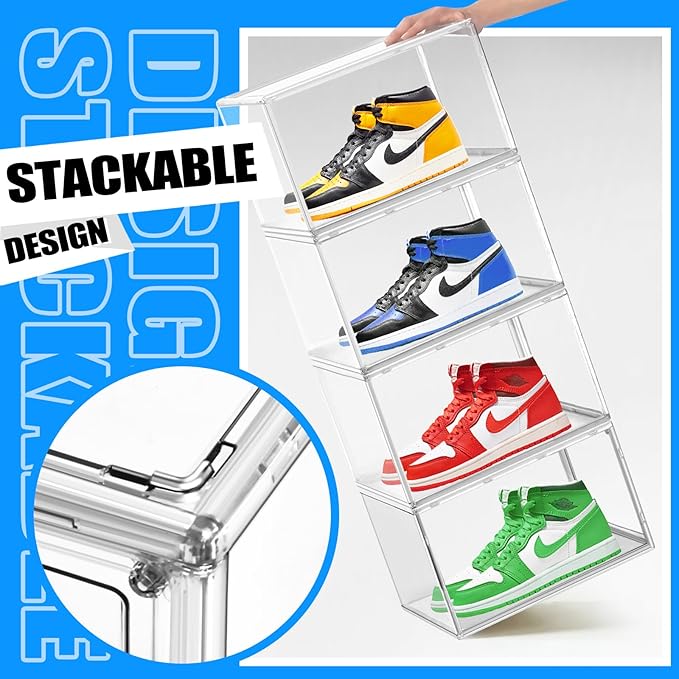 Size 14 Large Clear Shoe Storage Boxes Stackable, Acrylic Shoe Boxes Sneaker Display Case for Sneakerheads Boot Handbag Purse Figure Collectibles Showcase, 1 Pack