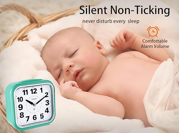 5.5" Large No Ticking Analog Alarm Clock,Silent Readable for Seniors,Easy to Set,Gradual Rise Alarm,Big Numbers,Gentle Wake,Snooze, Lighted on Demand,Battery Operated,Green