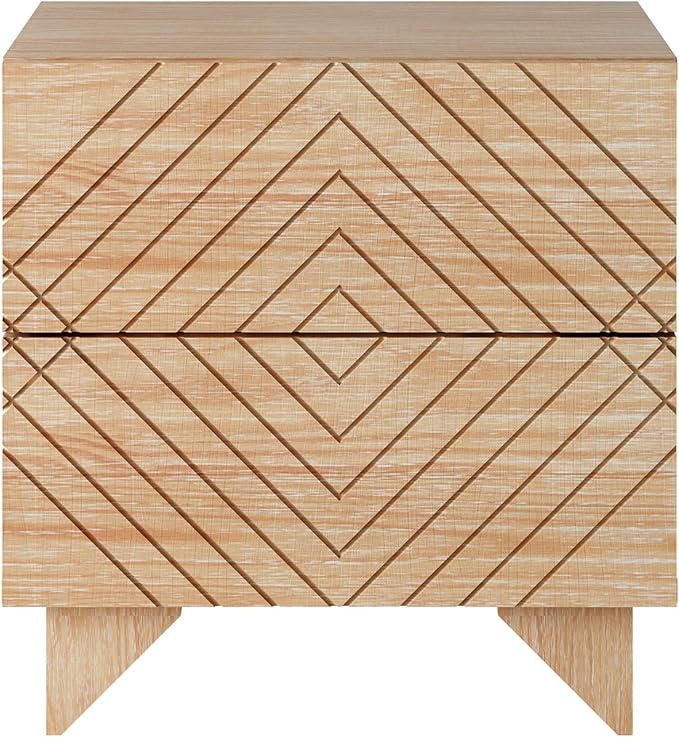 MUSEHOMEINC Solid Wood Nightstand with 2 Drawer Storage, Modern Beside Table, Small 2 Drawer Dresser, Night Stand with Two Unique Rhombus Details Drawers for Bedroom, Home,Living Room