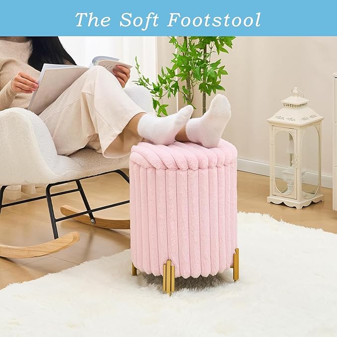 Mxfurhawa Round Ottoman Foot Stool with Storage and Metal Legs for Living Room Bedroom, Velvet Upholstered Footrest Stool Support 300lbs Modern Padded Seat Ottoman Coffee Table (Pink)