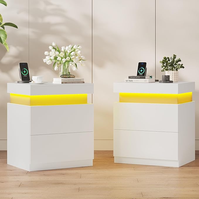 ADORNEVE White Nightstand with Charging Station and LED Lights,Night Stand with Sliding Top,Bedside Table with 2 Drawers,Modern End Side Table for Bedroom