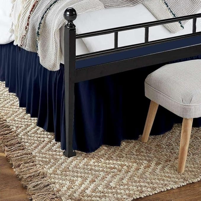 Navy Blue Solid Ruffled Bed Skirt Twin XL-26 Inch Drop Split Corner, Microfiber Bedskirt with Platform Three Sided Coverage