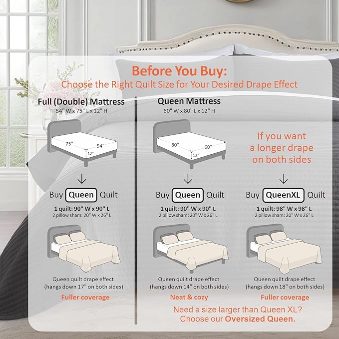 KASENTEX Queen Quilt Set 90"x90" – Soft Washed 3-Layer Lightweight Bedspread, Minimalist Nordic Design, All-Season Spring & Summer Quilt Set (1 Quilt + 2 Pillow Shams),Tornado Dark Grey