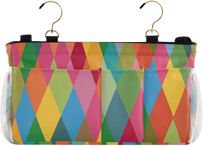 Bedside Caddy Hanging Bunk Bed Caddy Bed Organizer Hanging Pocket with 2 Hooks Bedside Storage Organizer Pocket Bag Holder Pink Green Argyle