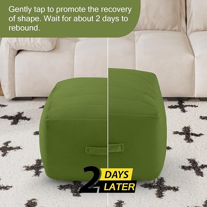 MeMoreCool Square Pouf Ottoman – Stuffed Foam Footrest for Living Room, Green Soft Velvet Texture | Portable Handle | Machine Washable Cover | Compact & Cozy Floor Seat