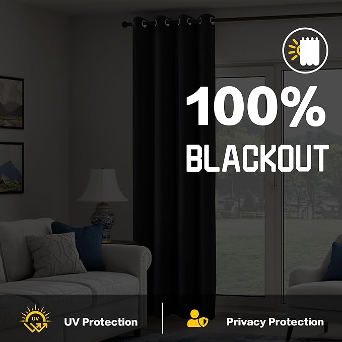 3-in-1 Blackout Curtains Soundproof Noise Reduction Curtains Black Thermal Insulated Drapes for Winter Room Divider Grommet Curtains for Living Room Bedroom (1 Panel, Black, 50" x 108")