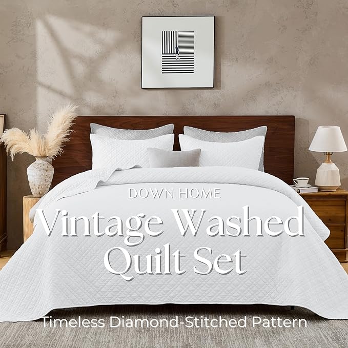 Cali King Quilt Set with Shams Lightweight Quilted Bedspread Coverlet Thin Comforter Bed Cover Vintage Washed Quilted Blanket for All Season, Brushed Microfiber Diamond Stitching, White, 111"x92"