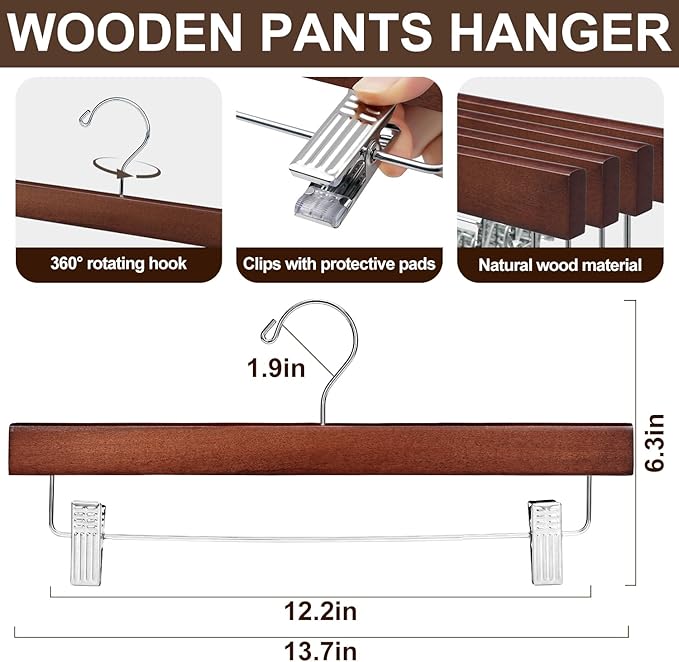 BAGAIL 20 Pack Wooden Pants Hangers with Adjustable Clips, 360°Swivel Hook Space Saving Skirt Holders with Anti-Rust Clips for Trousers, Jeans, Shorts(Walnut)