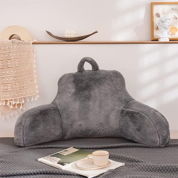 Holawakaka Standard Faux Fur Bed Rest Pillow with Arms, Artificial Rabbit Fur Reading Pillows Perfect for Adults, Teens, Kids, Pregnancy Lumbar & Head Neck Coccyx Lower Back Support Cushion (Grey)