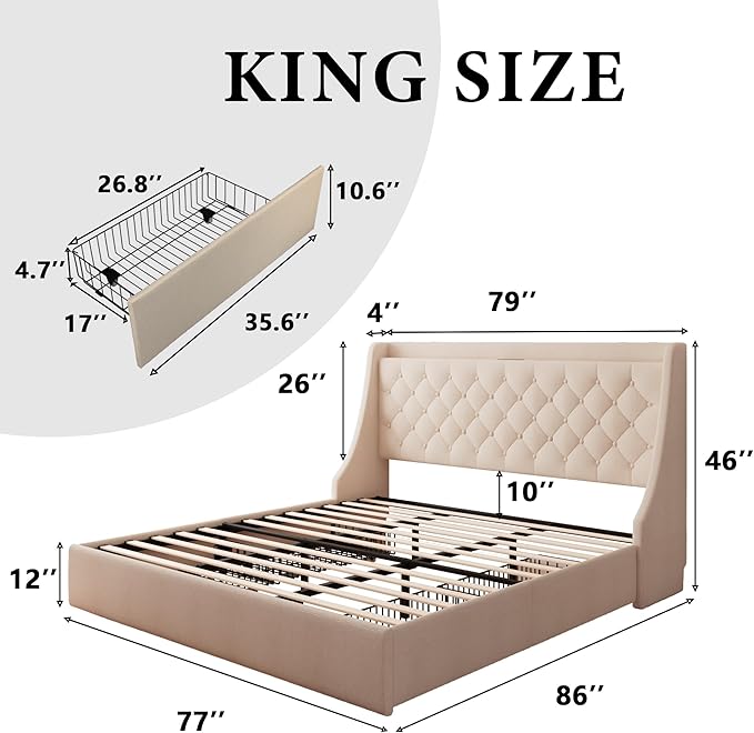 iPormis King Bed Frame with 4 Storage Drawers, Upholstered Platform Bed Frame with Type-C & USB Ports, Wingback Storage Headboard, Solid Wood Slats, No Box Spring Needed, Beige