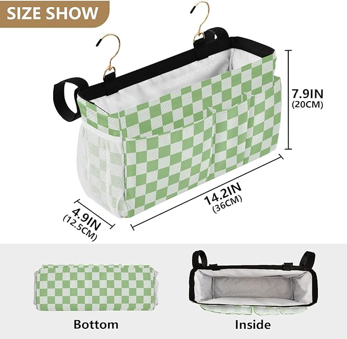 Bedside Caddy Hanging Bunk Bed Caddy Bed Organizer Hanging Pocket with 2 Hooks Bedside Storage Organizer Pocket Bag Holder Checkered Light Green