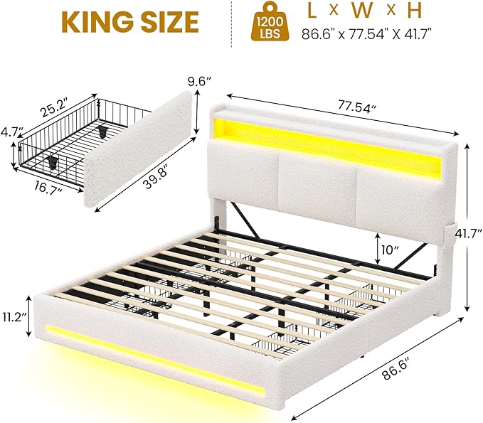 VIAGDO King Bed Frame with Storage Headboard and Charging Station, Boucle Upholstered Bed Frame King Size with 4 Drawers and LED Lights, Type C and USB, No Box Spring Needed, Cream White