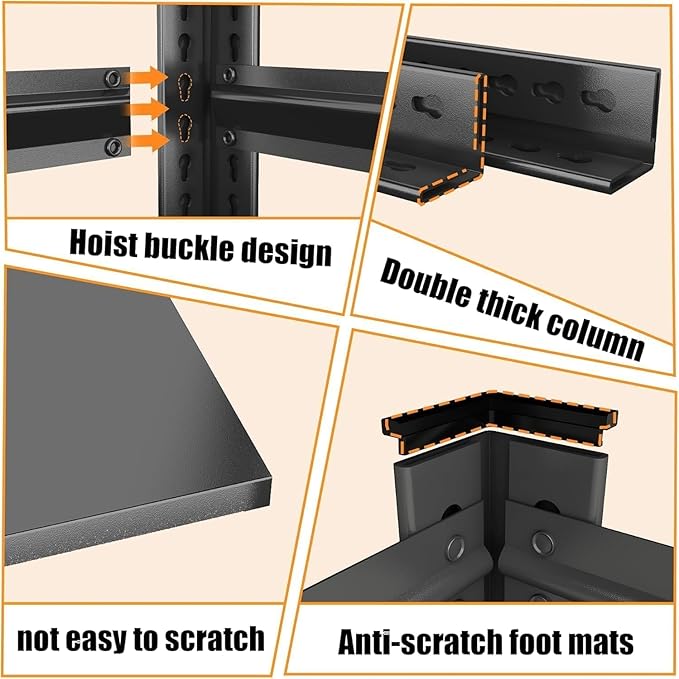 Garage Shelves,14-48''W Heavy-Duty Storage Shelves, Double-Layer Uprights, Thickened Shelves, Waterproof &Rustproof, Suitable for Indoor & Outdoor Use. (BLACK, 5TIER 45''W*16''D*72''H, 5-TIER)