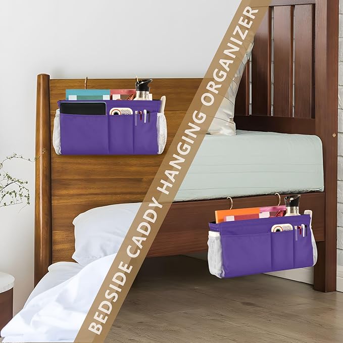 KOPIRIT Dark Purple Bedside Caddy Storage Bag Bedside Organizer for Bunk Bed Headboards College Bedside Shelf Hanging Organizer 6 Pockets with Hooks for Magazine Water Bottle Holder