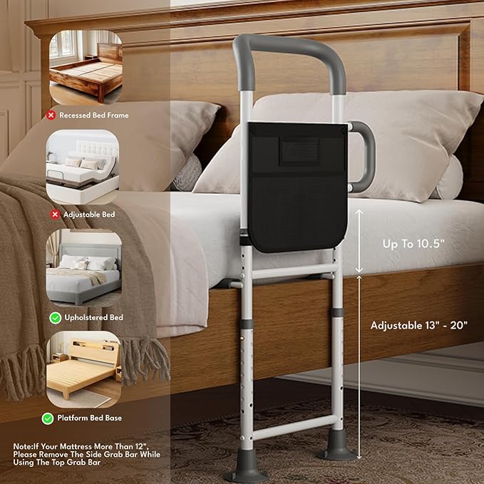 HOMEAL Bed Rails for Elderly Adults Safety - Adjustable Bed Assist Rails for Seniors, Adult Bed Guard Rail with Non-Slip Ergonomic Handle,Storage Pocket & Fixing Strap, 350 Tested(Grey, Without Light)