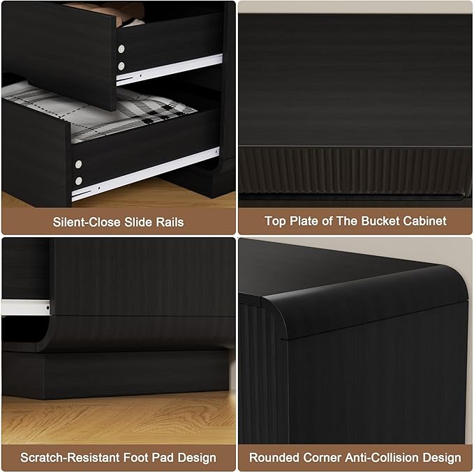8 Drawer Dresser and 2 Nightstand Sets for Bedroom 3 Pcs Bedroom Set, Modern 39.4" Fluted Dresser with Invisible Handles Nightstand Charging Station, Bedroom Furniture Set for Living Room, Black