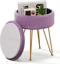 Cpintltr Footrest Footstools Round Velvet Ottoman with Storage Space Soft Vanity Chair with Memory Foam Seat Small Side Table Hallway Step Stool 4 Gold Metal Legs with Swivel Leveling Feet Purple