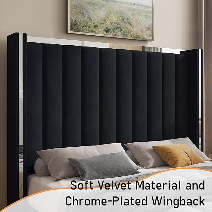 Jocisland King Size Bed Frame with 58" Tall Headboard, Velvet Upholstered Platform Bed with Channel Tufted Wingback Headboard and Plating Trim, No Box Spring Needed, Black