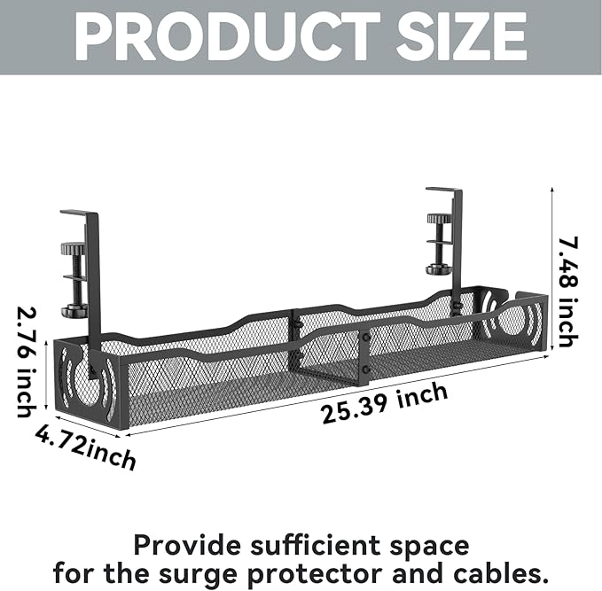 Cable Management, 25.3'' Under Desk Cable Management Tray No Drill, Metal Cable Organizer with Clamp for Wire Management, Cord Organizer for Home Office, Desk Accessories Organizer, Black