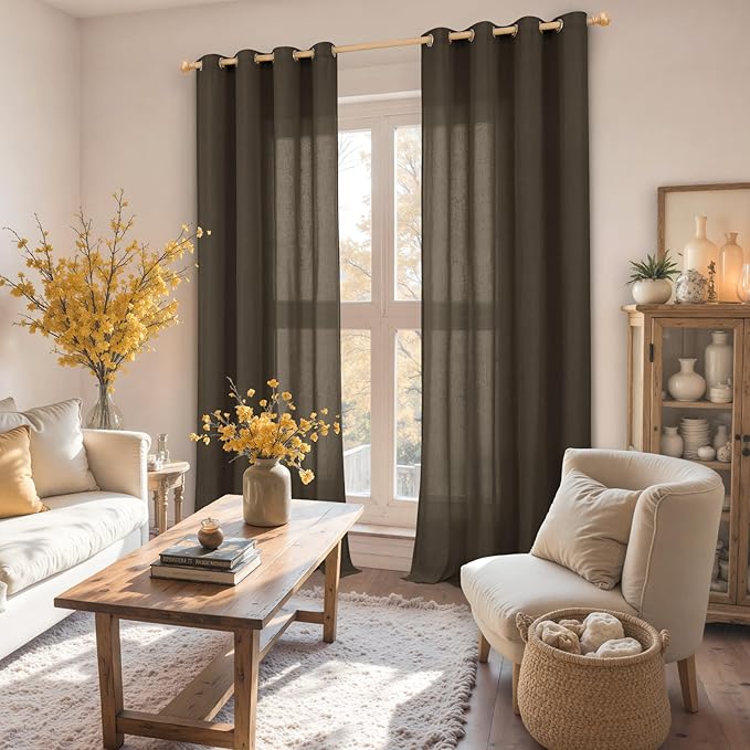 YoungsTex Chocolate Brown Linen Curtains for Living Room 84 Inches Length 2 Panels, Light Filtering Drapes with Grommet Privacy for Dining Bedroom, 52 X 84 Inch