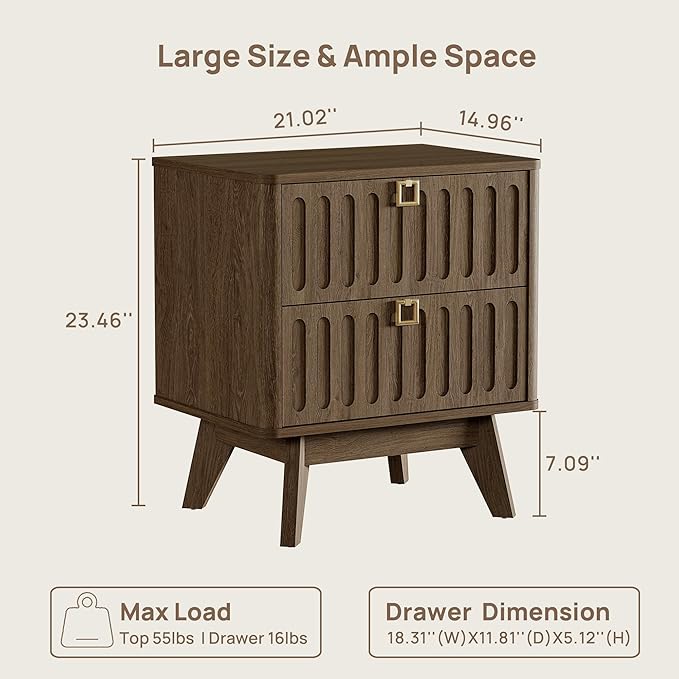 SICOTAS Nightstand Set of 2, Modern Bedside Tables with 2 Drawers, Stable Bedroom Nightstands with Textured Drawer Front and Gold Hardware for Bedroom, Apartment