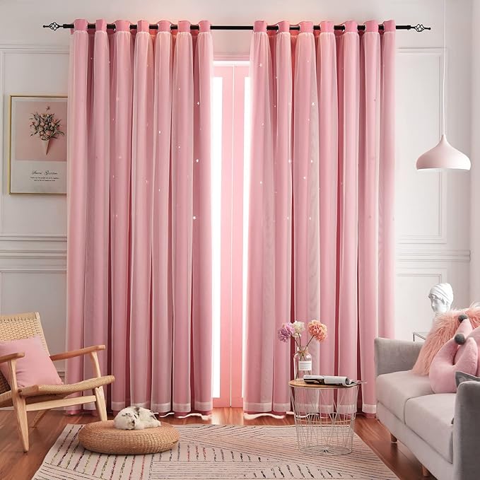 Star Blackout Curtains - 2 Panel Set, 84 Inches Long, Pink, Nursery & Girls' Room, Cute Kids Design