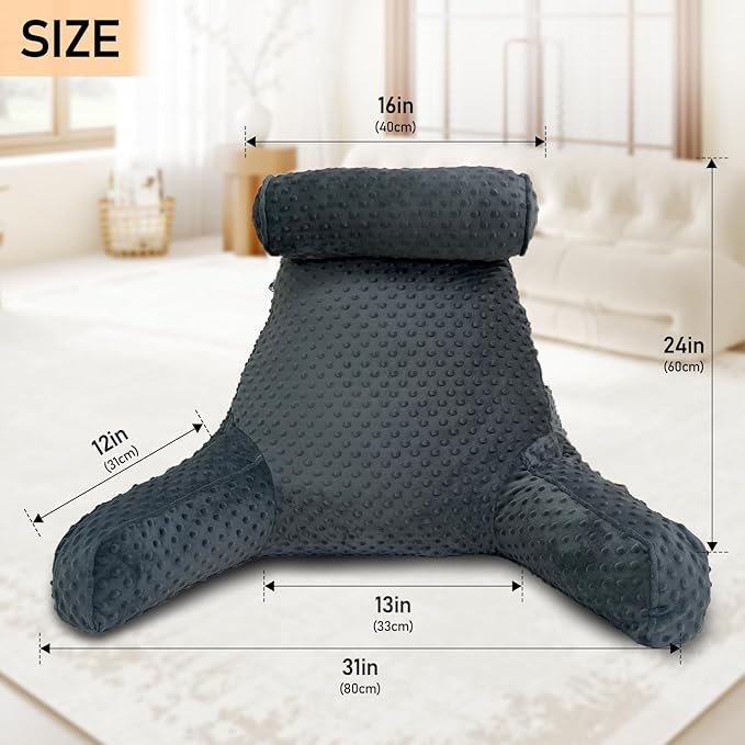 Reading Pillow for Sitting in Bed, Extra Large Backrest Support Cushion with Arms, Sit up Back Pillow Shredded Memory Foam back support Chair Pillow, Bed Rest Pillows with pocket, Detachable Neck Roll