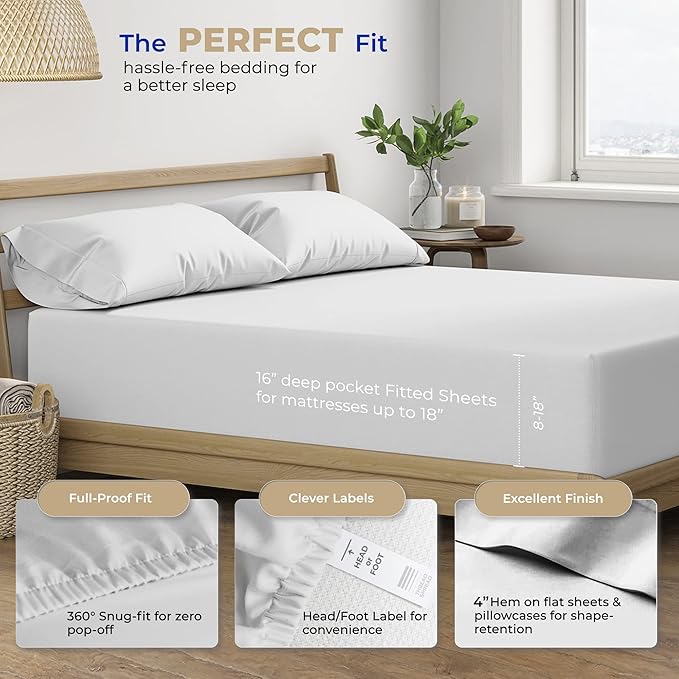 Thread Spread 100% Cotton Queen Sheets Set - 400 Thread Count Queen Size Sheets (4 PC, Silver Grey), 16" Deep Pocket All Around Elastic, Soft, Cooling, Durable & Breathable Sateen Weave Bed Sheet Set