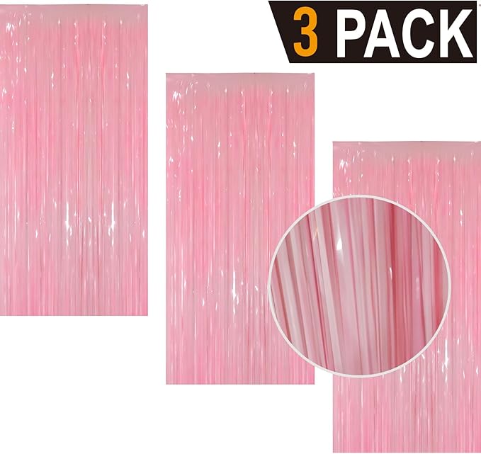 GOER 3.2 ft x 8.2 ft Foil Fringe Curtains Party Photo Backdrop Party Streamers for Birthday,Graduation,New Year Eve Decorations Wedding Decor(3 Packs,Candy Pink)