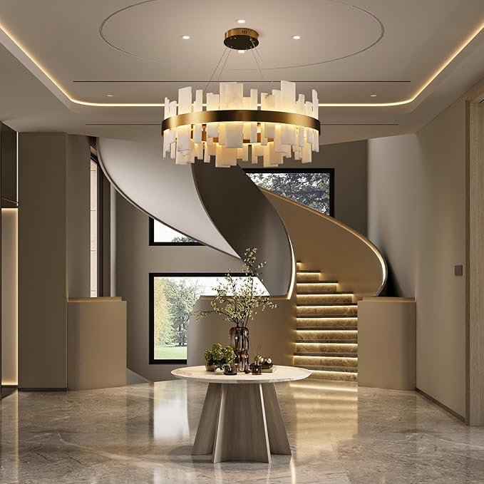 Alabaster Round Chandelier, Natural Spanish Stone Texture Chandeliers, 31.5" Adjustable Alabaster Chandelier Over Table for Living Room, Bedroom, Hallway – Modern Luxury Ceiling Lighting
