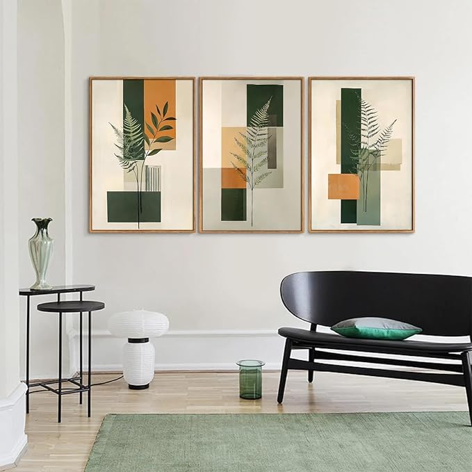 Yeehomedec Sage Green Fern Leaf Framed Canvas Wall Art, Boho Abstract Wall Decor, Rustic Neutral Modern Botanical Art Print, Beige Minimalist Plant Artwork for Living Room Bedroom Office Bathroom 16"x24"x3