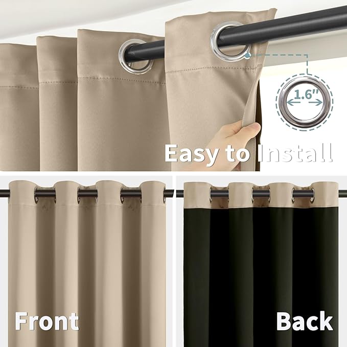 BGment Thermal Insulated 100% Blackout Curtains for Bedroom with Black Liner, Double Layer Full Room Darkening Noise Reducing Grommet Curtain (38 x 84 Inch, Sand, 2 Panels)