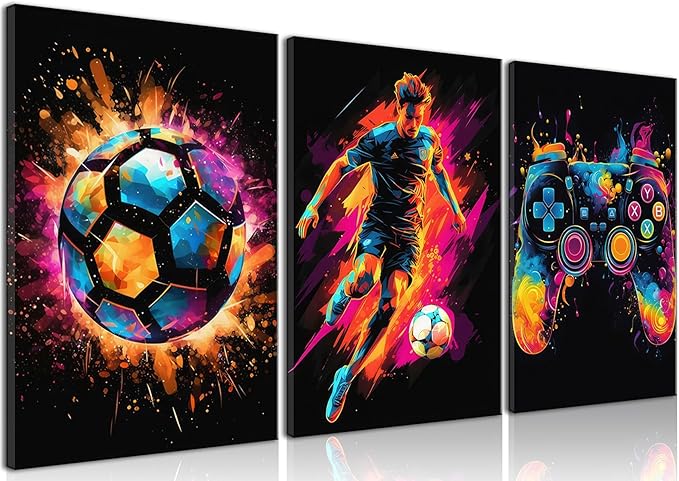 Canvas Wall Art Poster Decor, Paintings Art Game Controller Color Splash Ink Canvas Painting, Posters for Room Aesthetic, Soccer Wall Art for Boys Room Decor 16x24 - Unframed Set of 3