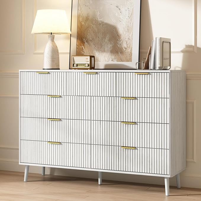 CARPETNAL Fluted 9 Drawer Dresser for Bedroom, 55" Wide Wooden Chest of Drawers with Rounded Corners, Gold Handles, Modern Storage Organizer for Bedroom, Hallway(White)
