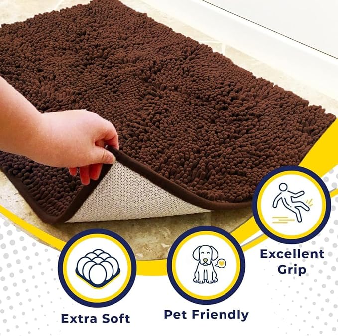 Muddy Mat® AS-SEEN-ON-TV Highly Absorbent Microfiber Door Mat and Pet Rug, Non Slip Thick Washable Area and Bath Mat Soft Chenille for Kitchen Bedroom Indoor and Outdoor - Chocolate Brown 5ft x 7ft