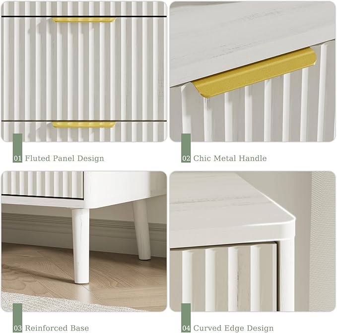 LYNSOM Fluted Dresser and Nightstand Sets 3 Piece, 6-Drawers Dresser and 1-Drawer Nightstands Set of 2, Wood Bedroom Furniture Set for Home, Bedroom, Hallway, White