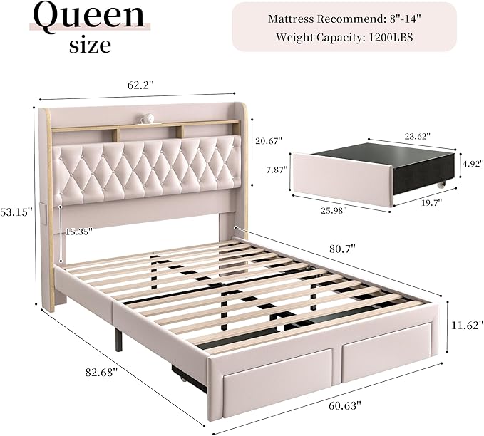 Queen LED Bed Frame with Storage Drawers, Velvet Upholstered Platform Beds with Galaxy Star Projector Charging Station Speaker, Aurora Bedframe with 2-Tier Storage Headboard, Noise-Free, Pink